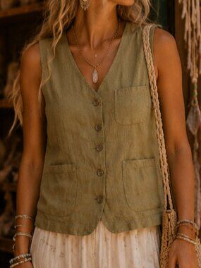 Authentic Italian-Made Natural Linen Olive Vest, M